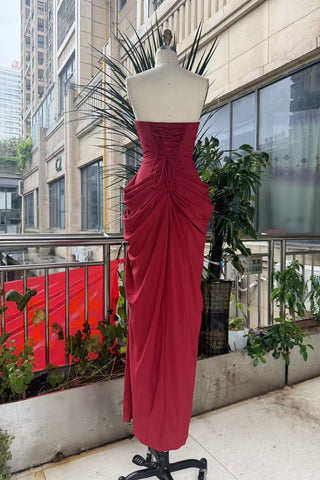 Strapless Ruched Long Dress with Lace-Up Back & High Slit