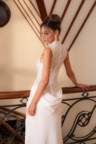 Sleeveless High Neck Lace & Draped Satin Rosette Long Dress