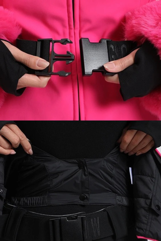 Tailored Ski Jacket with Belted Waist, Fur Details, and Long-Sleeve Design