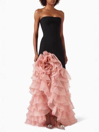 Strapless Fitted Floral Appliqué Ruffle Long Dress