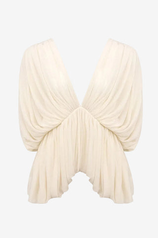 Draped Chiffon V-Neck Asymmetric Top with Batwing Sleeves