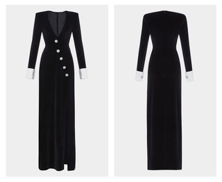 Velvet Deep V Long Dress with Crystal Buttons, Long Sleeves & Front Slit