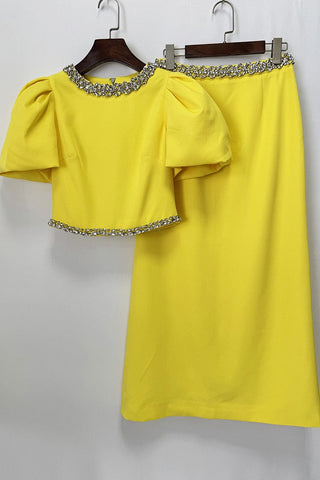 Puff Sleeve Cropped Top & High-Waist Long Skirt Set with Jeweled Details