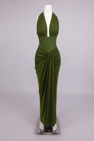 Halter Neck Corset Sleeveless Long Dress with Draped Slit