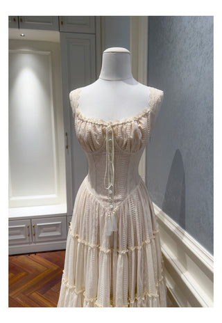 Embroidered Lace Corset Sleeveless Long Dress with Tiered Skirt