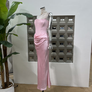 Strapless Satin Corset Maxi Dress with Draped Waist