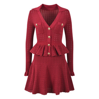 Long Sleeve Knit Peplum Mini Dress with Button Front Detail