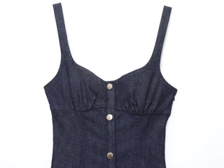 Indigo Denim Body-Sculpt Dress – Sleeveless, Button-Front Design