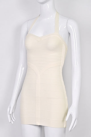 Halter Neck Bandage Mini Dress with Sweetheart Neckline and Sculpted Bodycon Fit