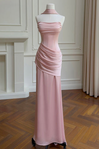 Satin Draped Corset Long Dress with Scarf – Elegant Strapless Design