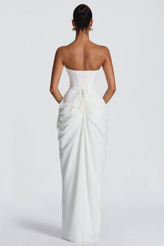 Strapless Ruched Long Dress with Lace-Up Back & High Slit