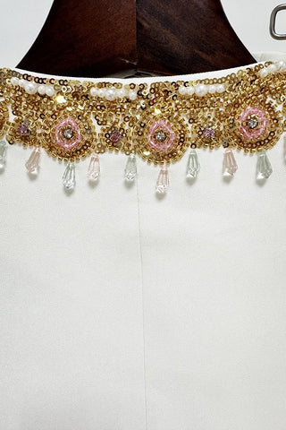 Elegant Embellished Blazer & Wide-Leg Pants Set – Tailored Formal Two-Piece Suit