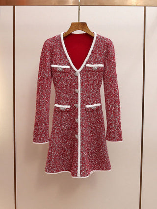 Long Sleeve Short Tweed Knit Dress with Contrast Trim and V-Neck Detail