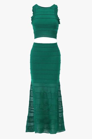 Premium Knit Sleeveless Lace Trim Crop Top & Long Skirt Set