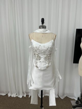 Embellished Satin Corset Mini Dress with Lace Gloves & Scarf