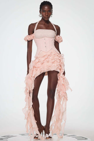 Corset Halter Asymmetric Ruffle Long Dress with Lace-Up Back