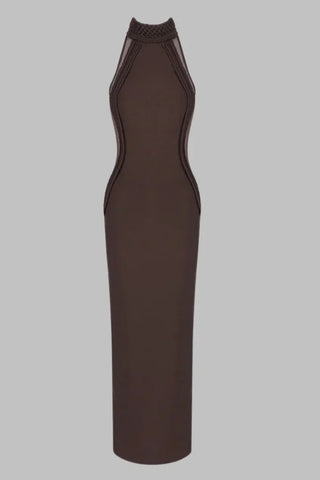 Chocolate Brown Halter Neck Long Dress – Sculpted Bodycon Gown with Braided Trim