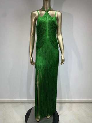 Fringe Halter Neck Bandage Long Evening Dress