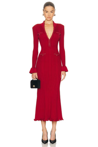 Ribbed Knit Long Dress with Pearl Trim Details & Long Sleeves