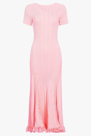Ribbed Knit Round Neck Short Sleeve Long Dress with Lace Panels & Ruffle Hem