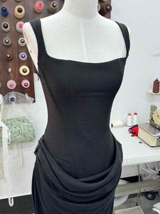 Structured Corset Back Long Dress with Draped Silhouette