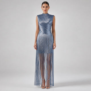 Metallic Fringe High Neck Sleeveless Long Dress