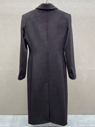 Tailored Button-Front Long Coat – Structured Waist Wool-Blend Style