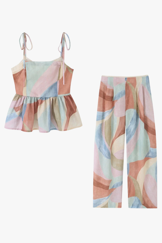 Abstract Print Tie-Strap Sleeveless Peplum Top & Wide Leg Pants Set