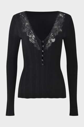 Ribbed Long Sleeve Top with Lace V-Neck – Stretch Knit