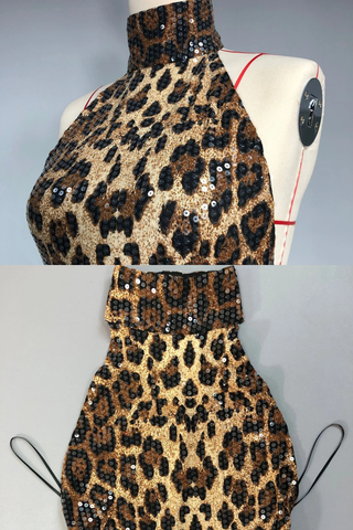 Leopard Print Long Dress – High Neck Sleeveless Sequin Mesh Fabric & Open Back Design