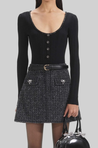 Ribbed Elastic Slim Fit U-Neck Long Sleeve Top with Rhinestone Trim