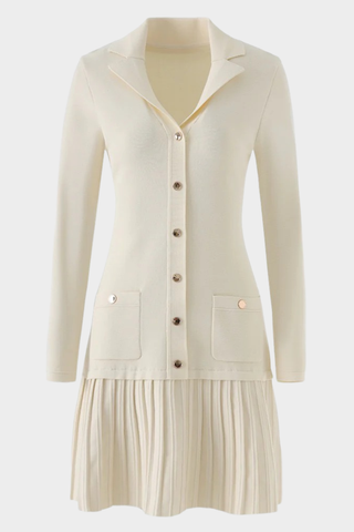 Button-Front Long Sleeve Knit Dress with Pleated Skirt