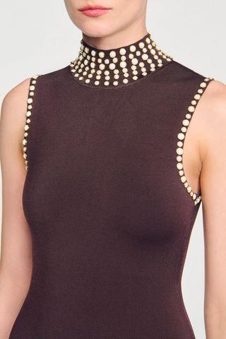 Fringe Knit Midi Dress with Embellished High Neck Detail