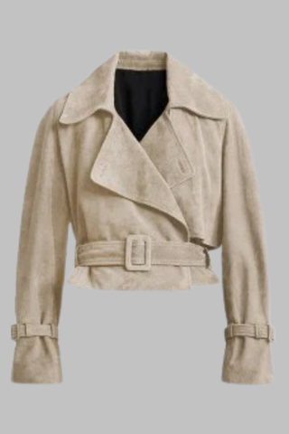 Cropped Faux Suede Jacket with Belt & Cuff Buckles