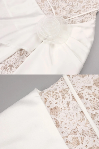 Sleeveless High Neck Lace & Draped Satin Rosette Long Dress