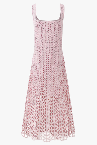 Crochet Knit Midi Dress with Crystal Embellishments & Sleeveless Square Neck Design