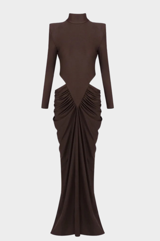 Long Sleeve High-Neck Stretch Long Dress – Side Cut-Out Ruched Design