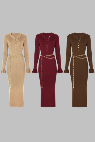 Metallic Ribbed Knit Long Sleeve Midi Dress with Gold Chain Belt