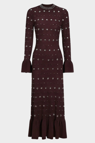 Studded Knit Long Dress – Elegant Long Sleeve Flared Cuff Evening Dress