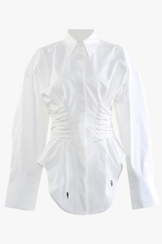 Long Sleeve Corset Waist Button-Up Shirt Dress with Adjustable Lace-Up Design
