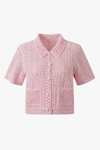 Crochet Button-Up Shirt with Rhinestone Details