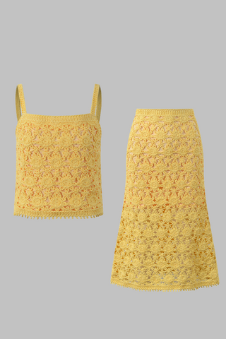 Sunshine Bloom Crochet Lace Camisole & A-Line Midi Skirt Set