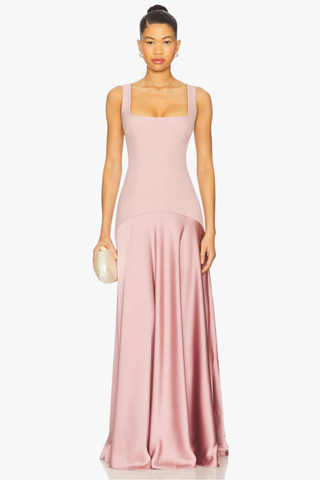 Square Neck Fitted Bodice Long Dress with Flared Satin Skirt