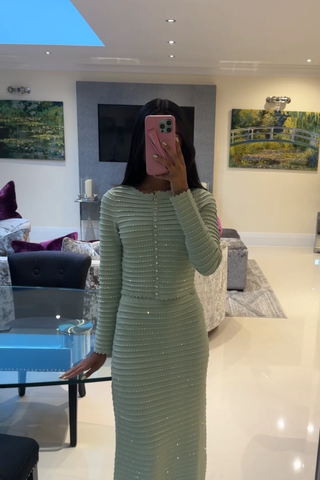 Knitted Two-Piece Set with Rhinestone Detailing – Cardigan & Midi Long Skirt