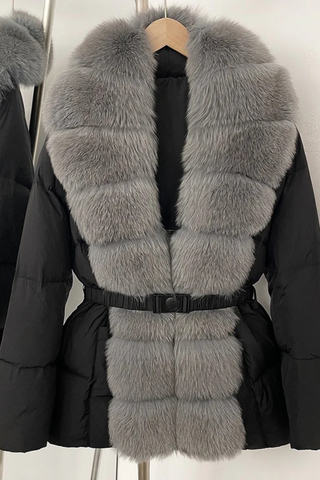 Belted Puffer Jacket with Faux Fox Fur Collar and Front Panel