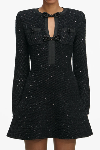 Long Sleeve Glitter Knit Dress with Bow Detail