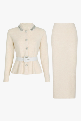 Embellished Collar Knit Top & Midi Skirt Set