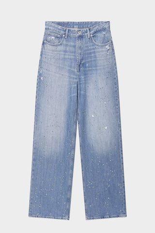 Wide-Leg Rhinestone Denim Pants