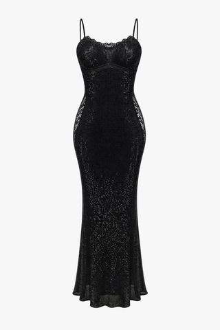 Sequin Lace Corset Long Dress – Spaghetti Strap Evening Gown