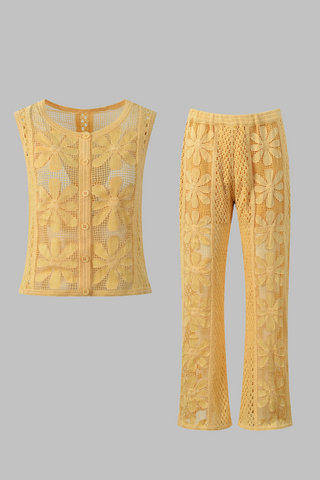 Sunflower Lace Embroidered Hollow Knit Sleeveless Button Up Top & Flared Pants Set
